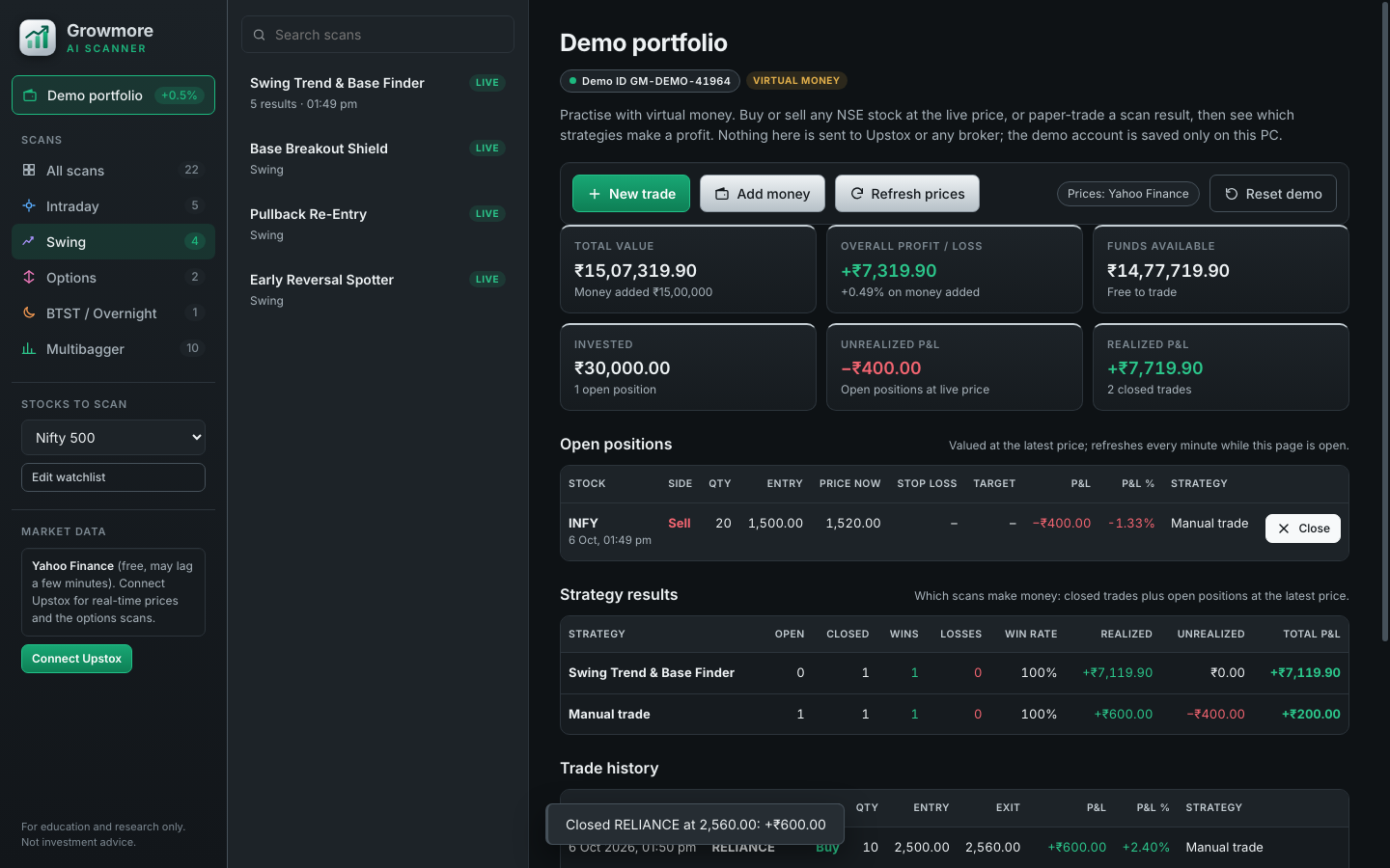 Demo portfolio page with open paper trades
